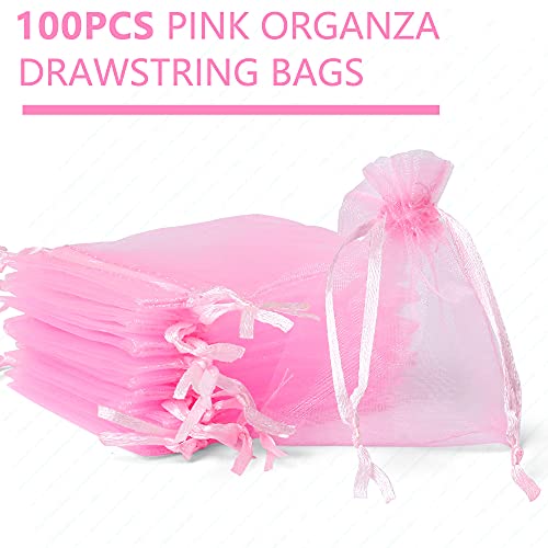 LotFancy 100Pcs Sheer Pink Organza Bags, 2.8x3.6” Small Mesh Jewelry Bags, Drawstring Gift Bags for Party Wedding Favor