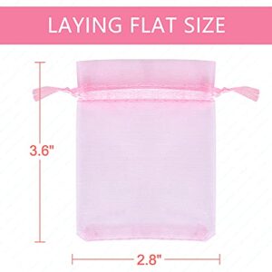 LotFancy 100Pcs Sheer Pink Organza Bags, 2.8x3.6” Small Mesh Jewelry Bags, Drawstring Gift Bags for Party Wedding Favor