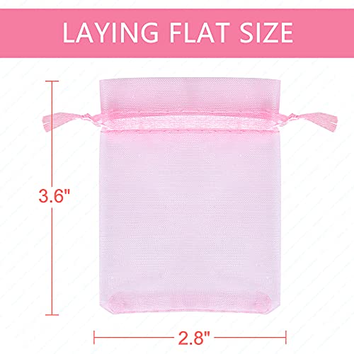 LotFancy 100Pcs Sheer Pink Organza Bags, 2.8x3.6” Small Mesh Jewelry Bags, Drawstring Gift Bags for Party Wedding Favor