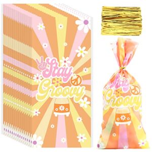 100 pcs groovy boho party favor bags two groovy cellophane retro goody treat bag hippie decorations daisy groovy birthday party plastic bags with 150 pcs gold twist ties for 60’s 70’s hippie party