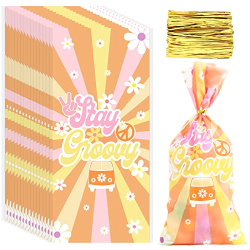 100 Pcs Groovy Boho Party Favor Bags Two Groovy Cellophane Retro Goody Treat Bag Hippie Decorations Daisy Groovy Birthday Party Plastic Bags with 150 Pcs Gold Twist Ties for 60's 70's Hippie Party