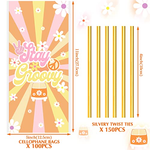 100 Pcs Groovy Boho Party Favor Bags Two Groovy Cellophane Retro Goody Treat Bag Hippie Decorations Daisy Groovy Birthday Party Plastic Bags with 150 Pcs Gold Twist Ties for 60's 70's Hippie Party