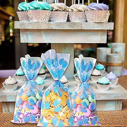 HADDIY Baby Shower Cellophane Candy Bags,100 Pcs Blue Baby Footprint Treat Cello Bags with Twist Tie for Baby Boy Shower Party Favor and Gender Reveal