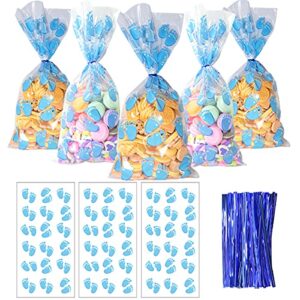 haddiy baby shower cellophane candy bags,100 pcs blue baby footprint treat cello bags with twist tie for baby boy shower party favor and gender reveal