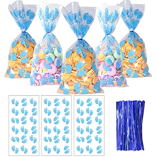 HADDIY Baby Shower Cellophane Candy Bags,100 Pcs Blue Baby Footprint Treat Cello Bags with Twist Tie for Baby Boy Shower Party Favor and Gender Reveal