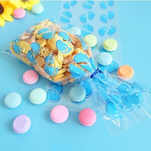 HADDIY Baby Shower Cellophane Candy Bags,100 Pcs Blue Baby Footprint Treat Cello Bags with Twist Tie for Baby Boy Shower Party Favor and Gender Reveal