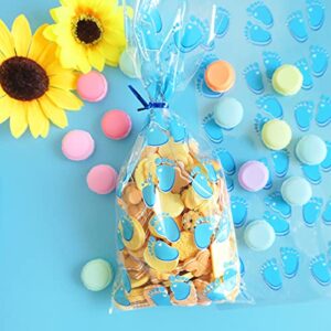 HADDIY Baby Shower Cellophane Candy Bags,100 Pcs Blue Baby Footprint Treat Cello Bags with Twist Tie for Baby Boy Shower Party Favor and Gender Reveal