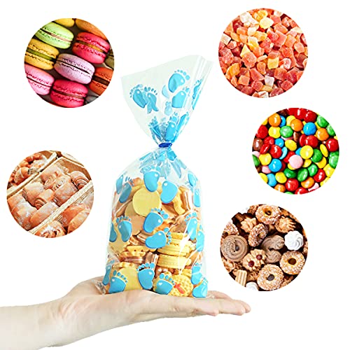 HADDIY Baby Shower Cellophane Candy Bags,100 Pcs Blue Baby Footprint Treat Cello Bags with Twist Tie for Baby Boy Shower Party Favor and Gender Reveal