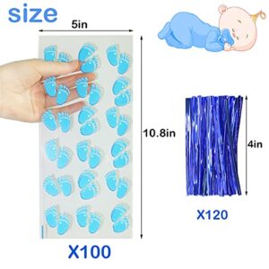 HADDIY Baby Shower Cellophane Candy Bags,100 Pcs Blue Baby Footprint Treat Cello Bags with Twist Tie for Baby Boy Shower Party Favor and Gender Reveal