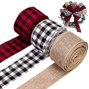 whaline 3 rolls wired edge ribbons, 30 yards x 2 inches black red plaid ribbon, black white buffalo plaid ribbon and burlap craft ribbon for diy gift wrapping, christmas fall crafts decoration