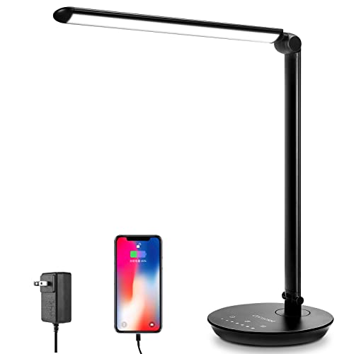 LED Desk Lamp, Consciot 12W Desk Light with USB Charging Port, 5 Lighting Modes 7 Brightness Levels, Dimmable & Adjustable, Touch-Sensitive Control, 30/60 min Auto Timer, Black