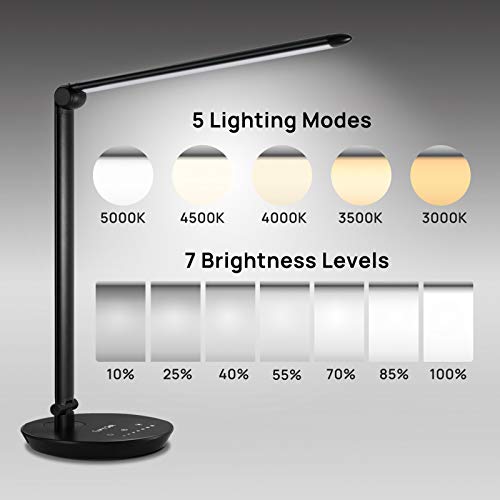 LED Desk Lamp, Consciot 12W Desk Light with USB Charging Port, 5 Lighting Modes 7 Brightness Levels, Dimmable & Adjustable, Touch-Sensitive Control, 30/60 min Auto Timer, Black