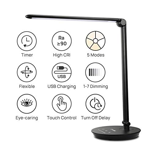LED Desk Lamp, Consciot 12W Desk Light with USB Charging Port, 5 Lighting Modes 7 Brightness Levels, Dimmable & Adjustable, Touch-Sensitive Control, 30/60 min Auto Timer, Black