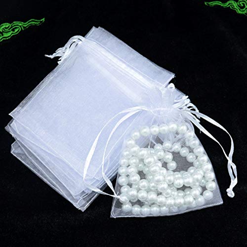 50 Pcs 5x7 inch Gift Wrap Bags, Organza Sheer Clear Tulle Fabric, White Drawstring Sachet for Baby Shower Favor, Birthday Party Favor, Bachelorette Party, Girls Graduation,Small Votive Candles,Marble