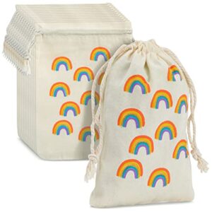 party favor bags – 12-pack rainbow party favor bags – mini canvas drawstring treat gift pouches, rainbow party supplies | kids birthdays, unicorn parties, rainbows with gold glitter, 4 x 6 inches