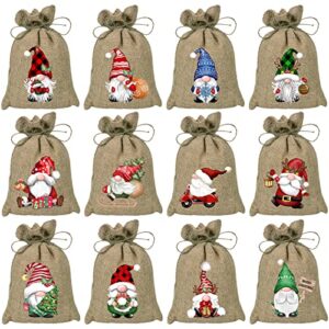 boramdo christmas burlap gift bags with drawstrings 24pcs, watercolor 12 designs christmas gnomes linen wrapping bags, small christmas treat candy bags for holiday party favor supplies…