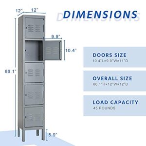 Pataku Metal Lockers for Employees, 5 Tier Storage Locker Cabinet, Steel Lockers 5 Lockable Doors for School, Gym, Office, Home(Grey,5-Tier)