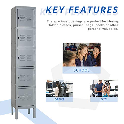 Pataku Metal Lockers for Employees, 5 Tier Storage Locker Cabinet, Steel Lockers 5 Lockable Doors for School, Gym, Office, Home(Grey,5-Tier)