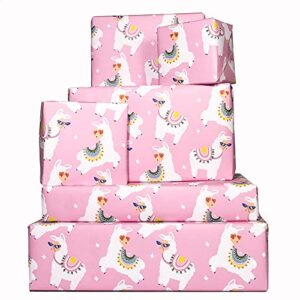 central 23 – llama wrapping paper – 6 gift wrap sheets – sassy llamas – pink – birthday wrap for women her girls teenagers