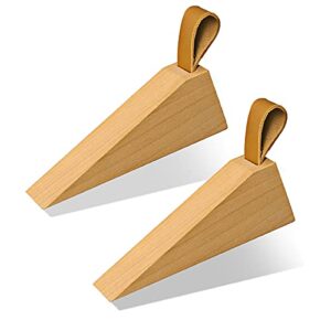 door stopper, soild beech wood doorstop wedge, non-slip door stops wedges, sturdy and durable door stop wedge, security door stopper with leather band for hanging (2pcs)