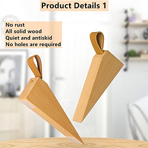 Door Stopper, Soild Beech Wood Doorstop Wedge, Non-Slip Door Stops Wedges, Sturdy and Durable Door Stop Wedge, Security Door Stopper with Leather Band for Hanging (2PCS)