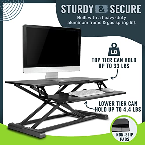 TechOrbits Standing Desk Converter - Particle Board, Adjustable Height Sit to Stand Up Desk Riser for Home Office - Computer, Laptop & Dual Monitor Workstation & Machine Stand - 32 Inch, Wood