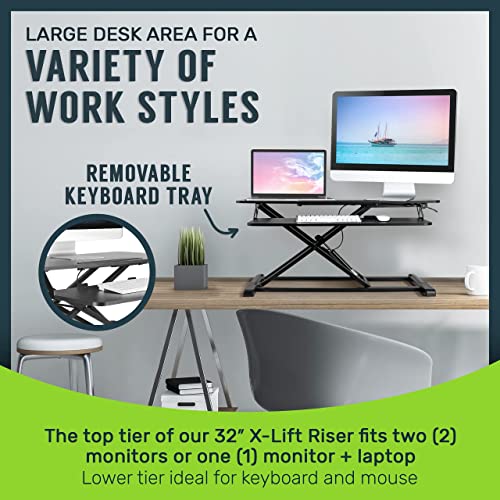 TechOrbits Standing Desk Converter - Particle Board, Adjustable Height Sit to Stand Up Desk Riser for Home Office - Computer, Laptop & Dual Monitor Workstation & Machine Stand - 32 Inch, Wood