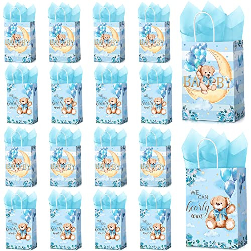 16 Pack Bear Baby Shower Bags with 16 Pcs Tissue Paper Gender Reveal Party Favor Gift Bags We Can Bearly Wait Baby Party Candy Goodie Treat Bags for Baby Shower Kids Birthday Party Supplies