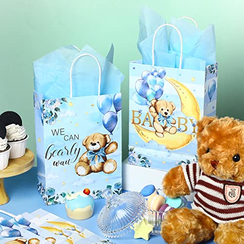 16 Pack Bear Baby Shower Bags with 16 Pcs Tissue Paper Gender Reveal Party Favor Gift Bags We Can Bearly Wait Baby Party Candy Goodie Treat Bags for Baby Shower Kids Birthday Party Supplies