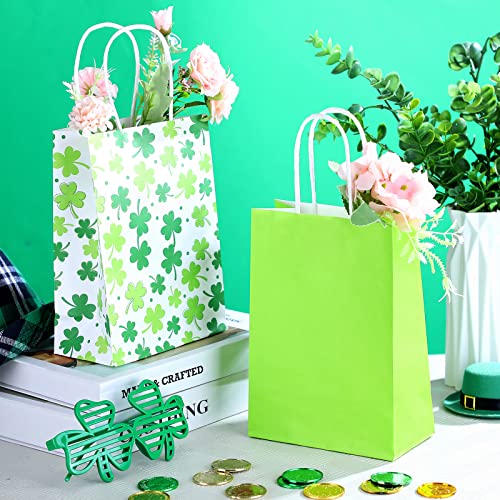 24 Pcs St. Patrick's Day Paper Gift Bags with Handles 5.9 x 8.3 x 3.1 Inch Green Treat Bags and Irish Lucky Shamrock Goodie Bags for St Patrick's Day Party Favor Wedding Birthday