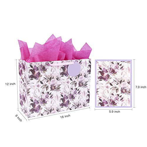 MAYPLUSS 16" Extra Large Gift Bag with Gift Card and Tissue Paper - Purple Floral for Mothers day, Birthday