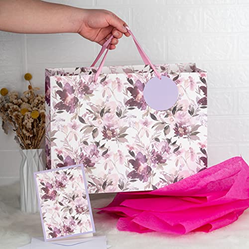 MAYPLUSS 16" Extra Large Gift Bag with Gift Card and Tissue Paper - Purple Floral for Mothers day, Birthday