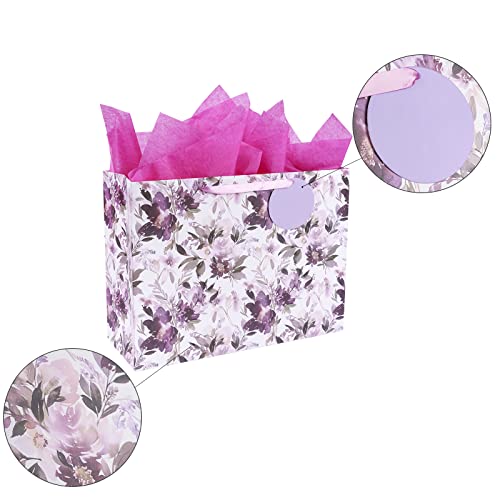 MAYPLUSS 16" Extra Large Gift Bag with Gift Card and Tissue Paper - Purple Floral for Mothers day, Birthday