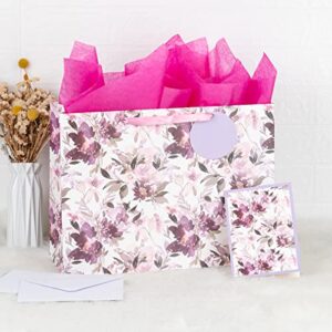 MAYPLUSS 16" Extra Large Gift Bag with Gift Card and Tissue Paper - Purple Floral for Mothers day, Birthday