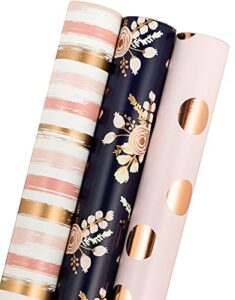 maypluss wrapping paper roll – mini roll – 17 inch x 120 inch per roll – pink polkas dots, stripe & black floral design (42.3 sq.ft.ttl)