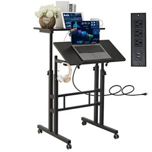 hadulcet mobile standing desk with charging station, adjustable standing computer desk, standing adjustable laptop cart with wheels for home office classroom black