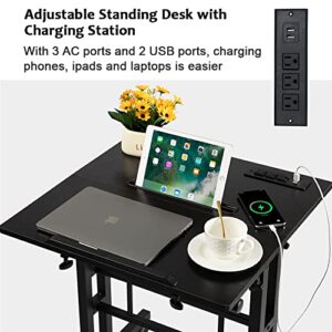 Hadulcet Mobile Standing Desk with Charging Station, Adjustable Standing Computer Desk, Standing Adjustable Laptop Cart with Wheels for Home Office Classroom Black