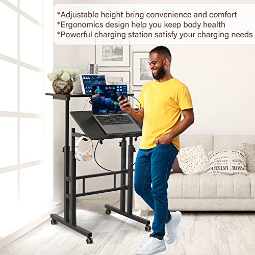 Hadulcet Mobile Standing Desk with Charging Station, Adjustable Standing Computer Desk, Standing Adjustable Laptop Cart with Wheels for Home Office Classroom Black