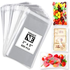 600 pcs small cellophane bags 3×5″, clear resealable cellophane, self sealing bags for candy bakery snacks cookie jewelry,cello bags for party decorative gift.