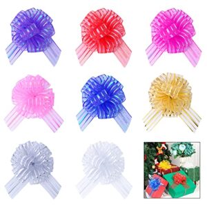 8 pack organza pull bow gift wrapping bows, multicolor christmas ribbon pull bows for wedding gift baskets, party gift wrap bows, new year presents decorating bows 6 inch diameter