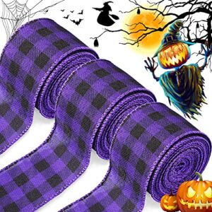 3 rolls 15 yards 2 inches halloween plaid wired ribbons buffalo check ribbon fall rustic craft ribbon assorted burlap style fabric wrapping ribbon for decorations (black, purple plaid)