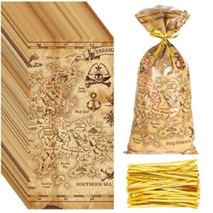 100 pieces pirate party cello bags pirate treat bags goodie treasure map island treat bags for pirate party favors supplies with gold twist ties…