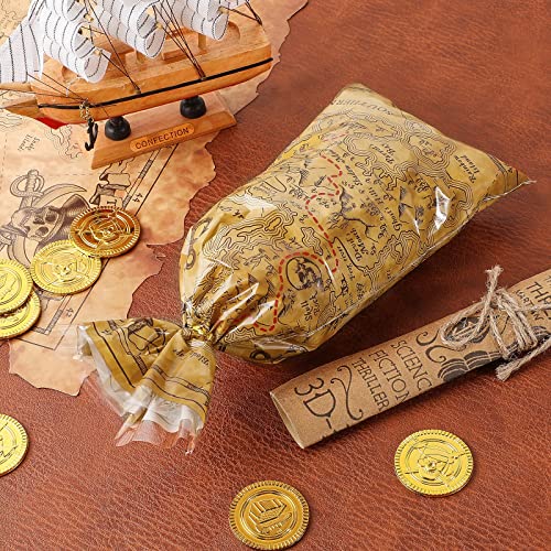 100 Pieces Pirate Party Cello Bags Pirate Treat Bags Goodie Treasure Map Island Treat Bags for Pirate Party Favors Supplies with Gold Twist Ties…