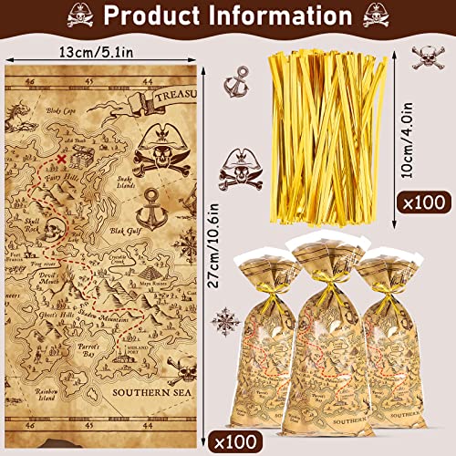 100 Pieces Pirate Party Cello Bags Pirate Treat Bags Goodie Treasure Map Island Treat Bags for Pirate Party Favors Supplies with Gold Twist Ties…