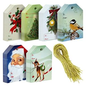 120 pack vintage christmas gift tags with gold strings for holiday presents, 6 designs (2.2 x 3.5 in)