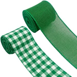 2 rolls buffalo plaid wired edge ribbons 2.5 inch wide st patrick’s day green fabric ribbons irish festival burlap ribbons for gift wrapping wreath party decoration diy craft supplies, 12 yards