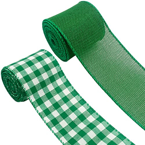 2 Rolls Buffalo Plaid Wired Edge Ribbons 2.5 Inch Wide St Patrick's Day Green Fabric Ribbons Irish Festival Burlap Ribbons for Gift Wrapping Wreath Party Decoration DIY Craft Supplies, 12 Yards