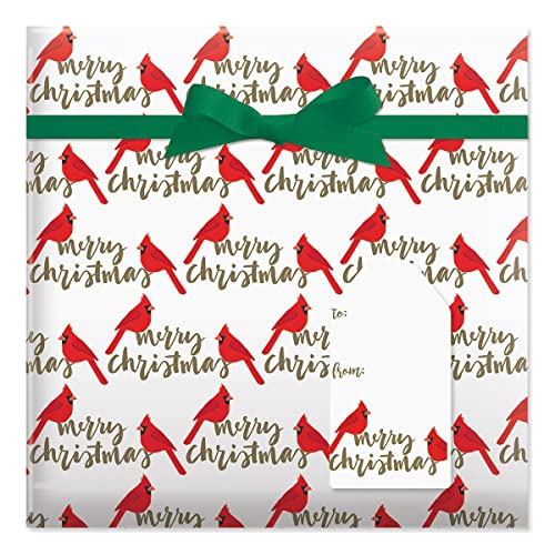 Christmas Cardinals Jumbo Rolled Gift Wrap - 1 Giant Roll, 23 Inches Wide by 32 feet Long, Heavyweight, Tear-Resistant, Holiday Wrapping Paper