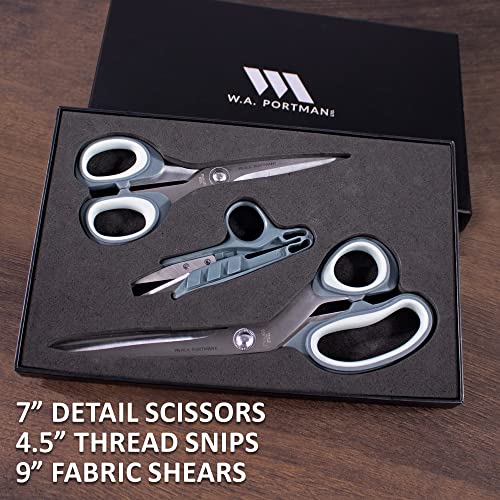 WA Portman 3 pc Fabric Scissor Set - 3 Pack Sewing Scissors for Fabric Cutting - 1 Pair Large Fabric Scissors - 1 Pair Medium Fabric Shears - 1 Pair Thread Scissors Thread Snips - Tailor Scissors