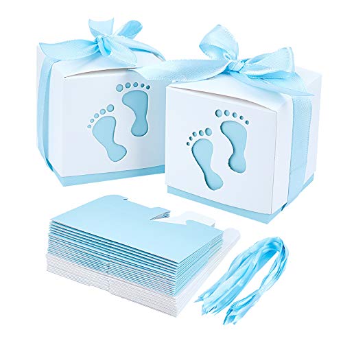 PH PandaHall 60 Sets Baby Shower Favor Boxes, Footprints Paper Gift Boxes Newborn Baby Folding Box with Ribbon for Gender Reveal Party Kindergarten Holiday Birthday Party Gift Favor, 2.4x2.4x2.4 Inch